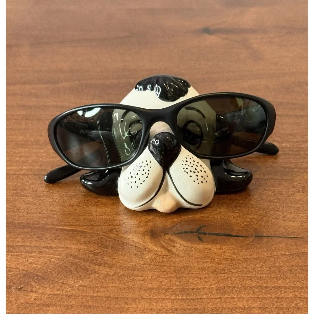 VTG MCM Ceramic Hand Painted Sleepy Dog Head Face Eyeglass Holder Black White